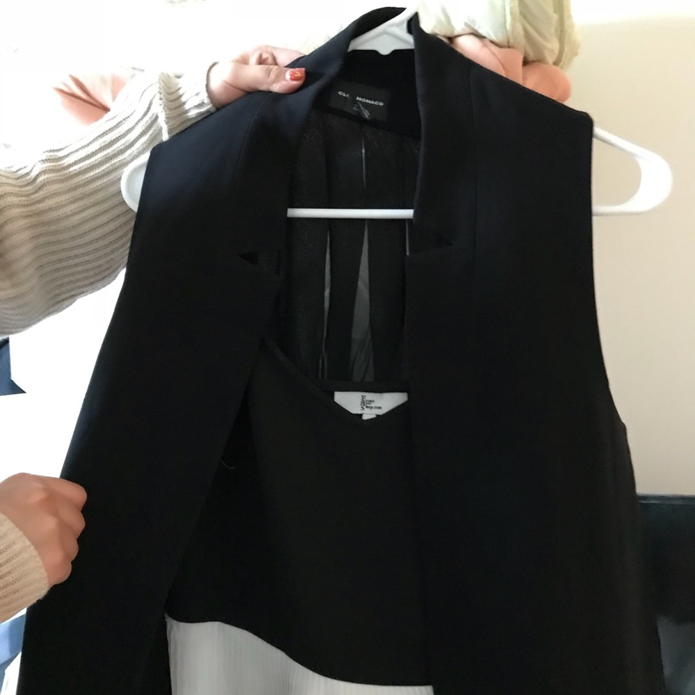 Club Monaco black silky commuting suit.